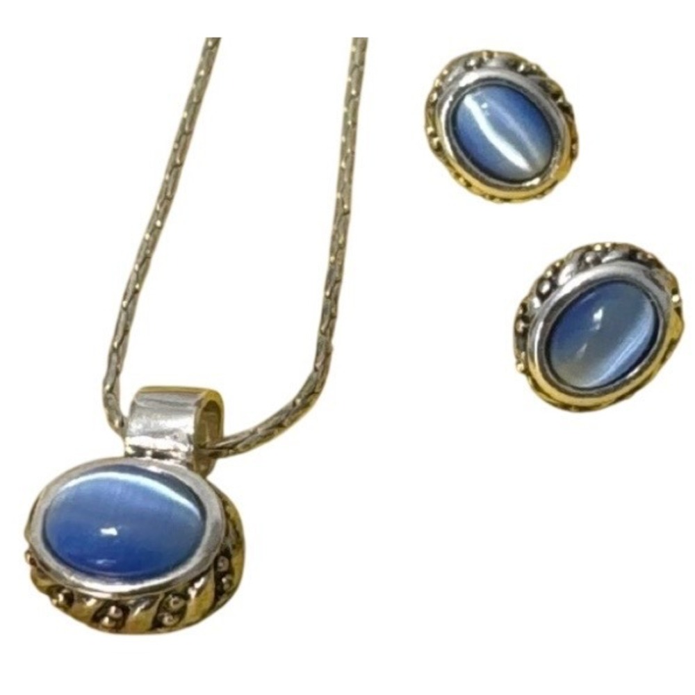 Roman Jewelry Set Blue Cats Eye Oval Pendant Necklace Stud Earrings
